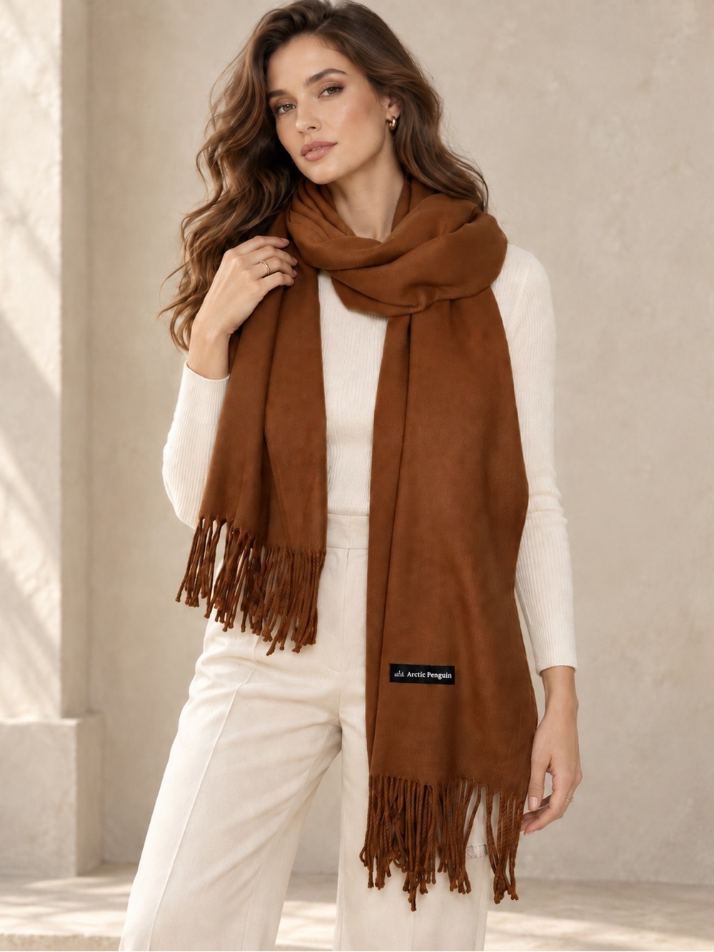 Arctic Penguin Pashmina Shawl Scarf Caramel Brown Fringed Oversized Wrap - OS